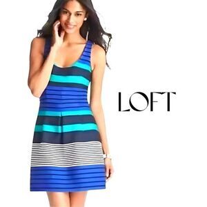 LOFT Blue/Green/White Striped Casual Fit & Flare Dress Sz 4 EUC